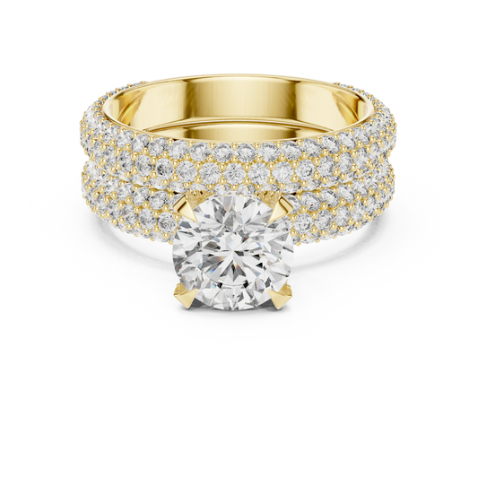 Round Solitaire Moissanite Ring with Wide Pavé Band in yellow 925 sterling silver, view 4