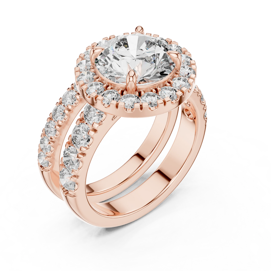 Round Halo Moissanite Double Band Ring in rose 925 sterling silver, view 2