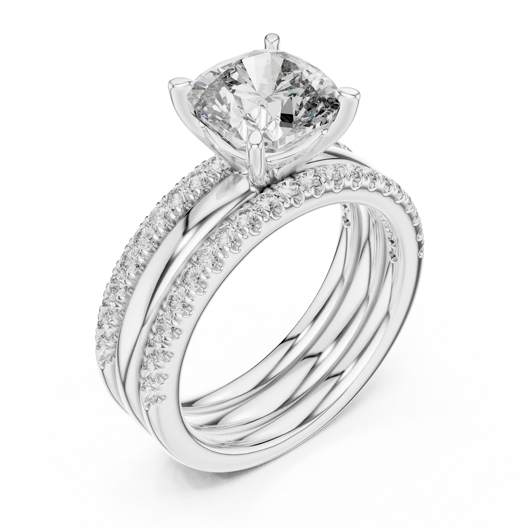 Cushion Cut Solitaire Moissanite Ring with Double Pavé Band in white 925 sterling silver, view 2