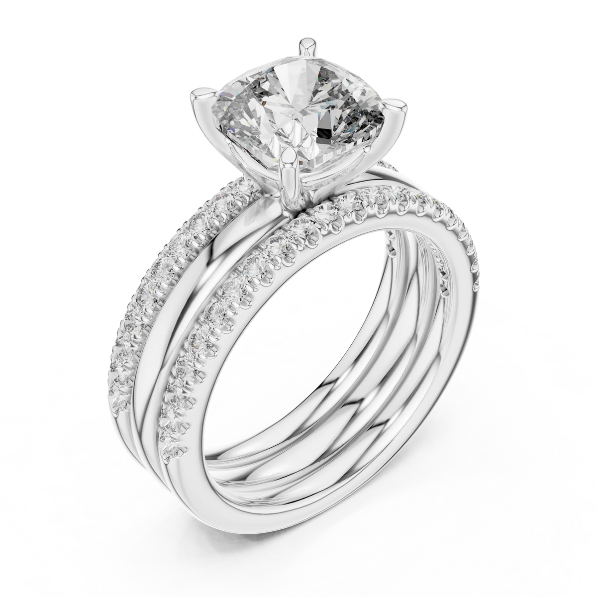 Cushion Cut Solitaire Moissanite Ring with Double Pavé Band in white 925 sterling silver, view 2