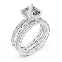Cushion Cut Solitaire Moissanite Ring with Double Pavé Band in white 925 sterling silver, view 2