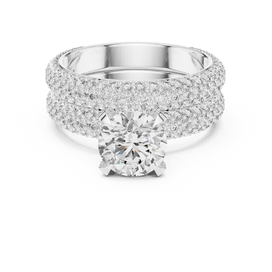 Round Solitaire Moissanite Ring with Wide Pavé Band in white 925 sterling silver, view 4
