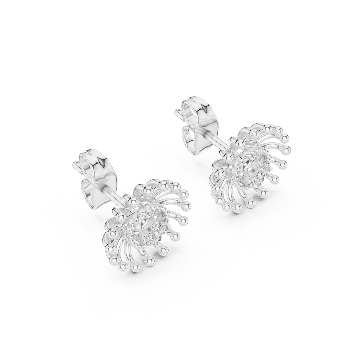Moissanite Starburst Stud Earrings in white 925 sterling silver, view 2