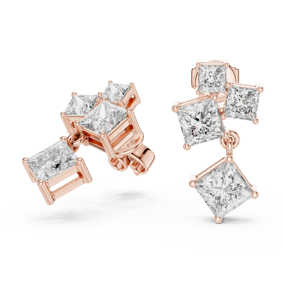 Princess cut moissanite cluster drop earrings in rose 925 sterling silver, view 1