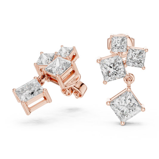 Princess cut moissanite cluster drop earrings in rose 925 sterling silver, view 1