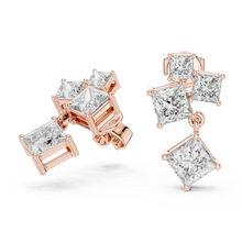 Princess cut moissanite cluster drop earrings in rose 925 sterling silver, view 1