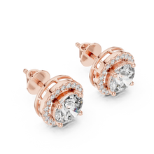 Round moissanite U-prong halo stud earrings in rose 925 sterling silver, view 2