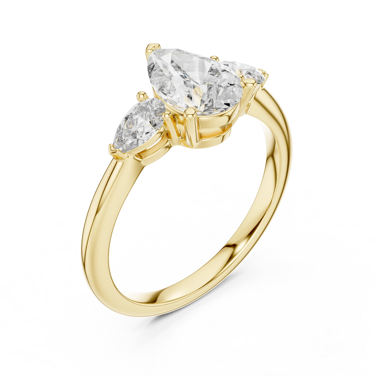 Pear Three Stone Moissanite Engagement Ring in yellow 925 sterling silver, view 2