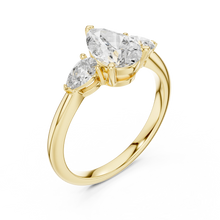 Pear Three Stone Moissanite Engagement Ring in yellow 925 sterling silver, view 2