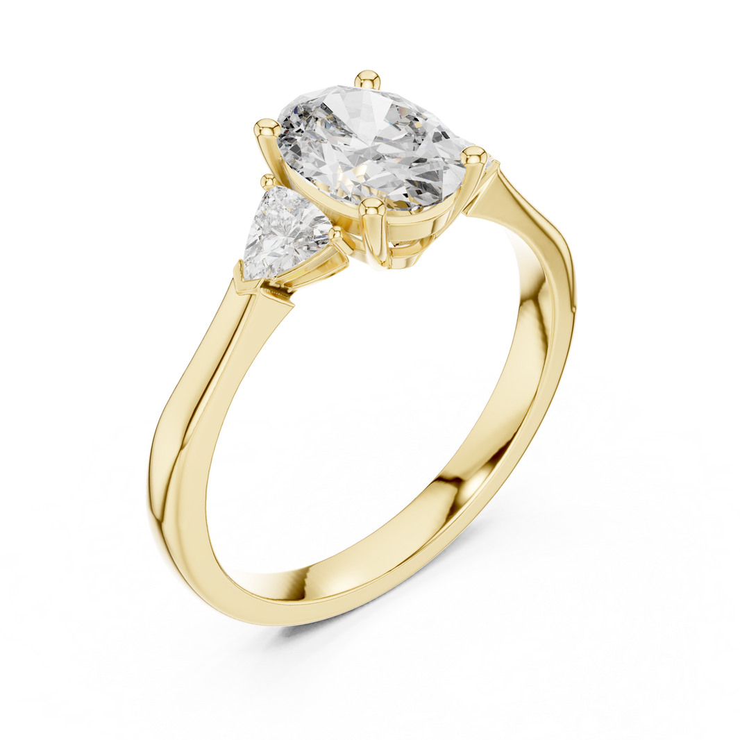 Oval and Trillion Three Stone Moissanite Ring in yellow 925 sterling silver, view 2