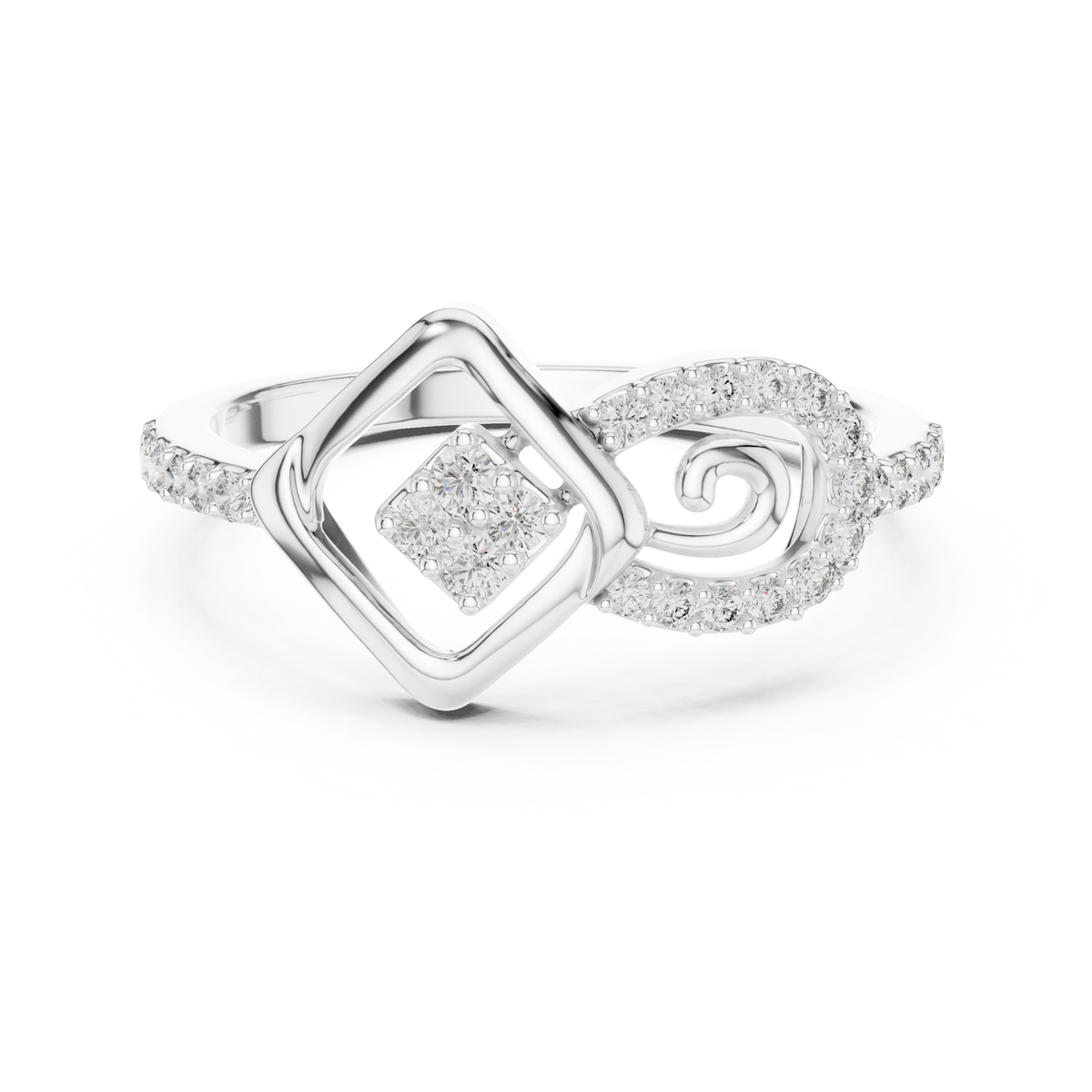 Open Square Cluster and Swirl Moissanite Ring in white 925 sterling silver, view 4