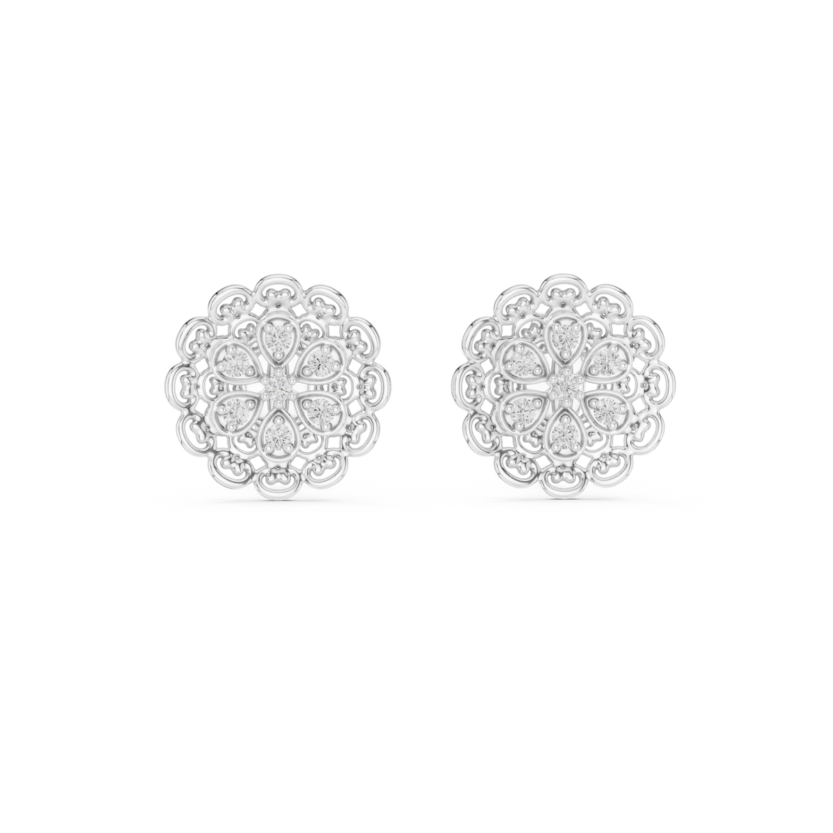 Moissanite Lace Medallion Stud Earrings in white 925 sterling silver, view 4