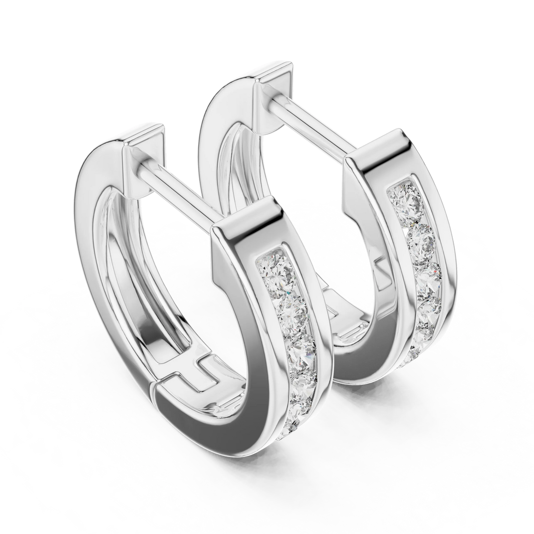 Moissanite channel set huggie earrings in white 925 sterling silver, view 2
