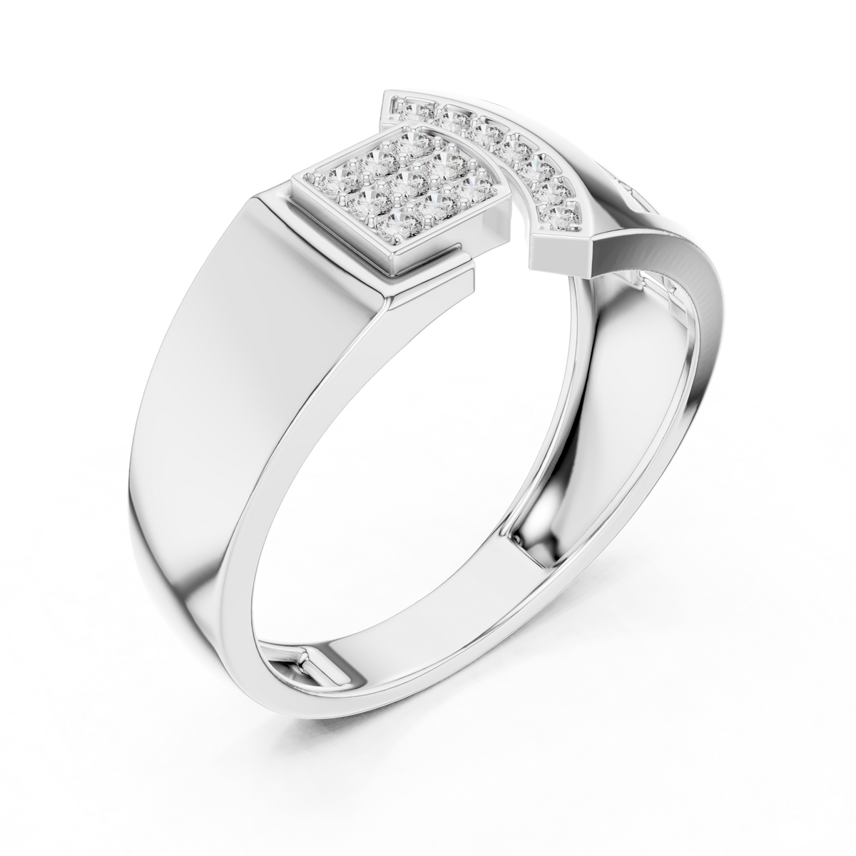 Men's Square Pavé Panel Asymmetric Moissanite Band in white 925 sterling silver, view 2
