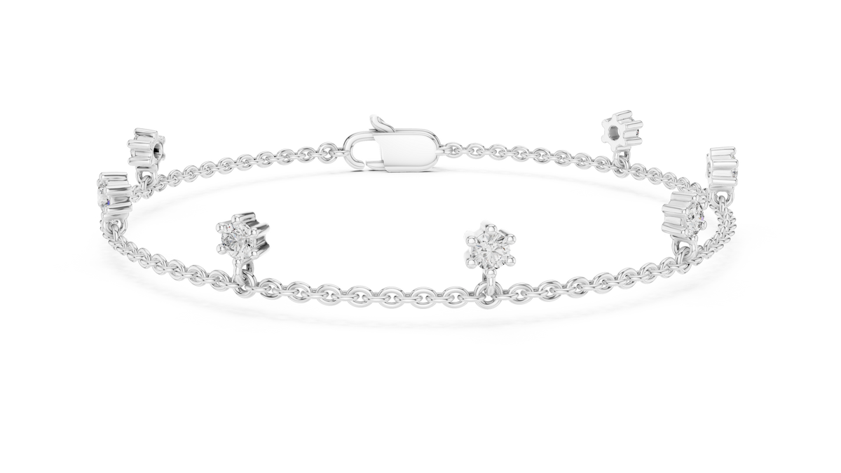 Dangling Round Moissanite Charm Chain Bracelet in white 925 sterling silver, view 1