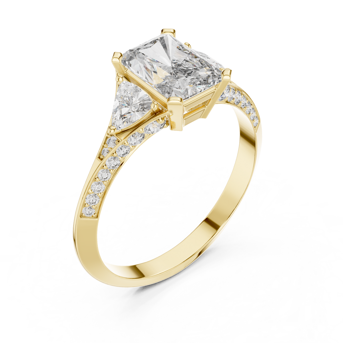 Radiant Cut and Curved Trillion Moissanite Ring with Pavé Split Shoulders in yellow 925 sterling silver, view 2