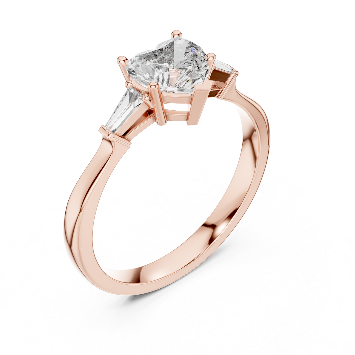 Heart Moissanite Ring with Tapered Baguette Sides in rose 925 sterling silver, view 2
