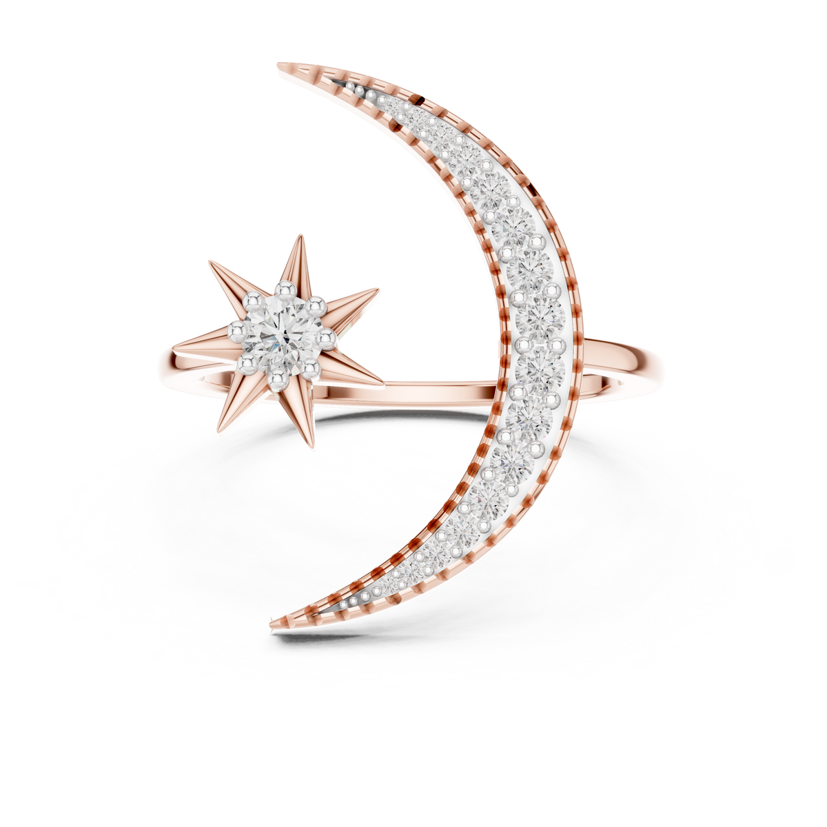Crescent Moon and Star Moissanite Open Ring in rose 925 sterling silver, view 4