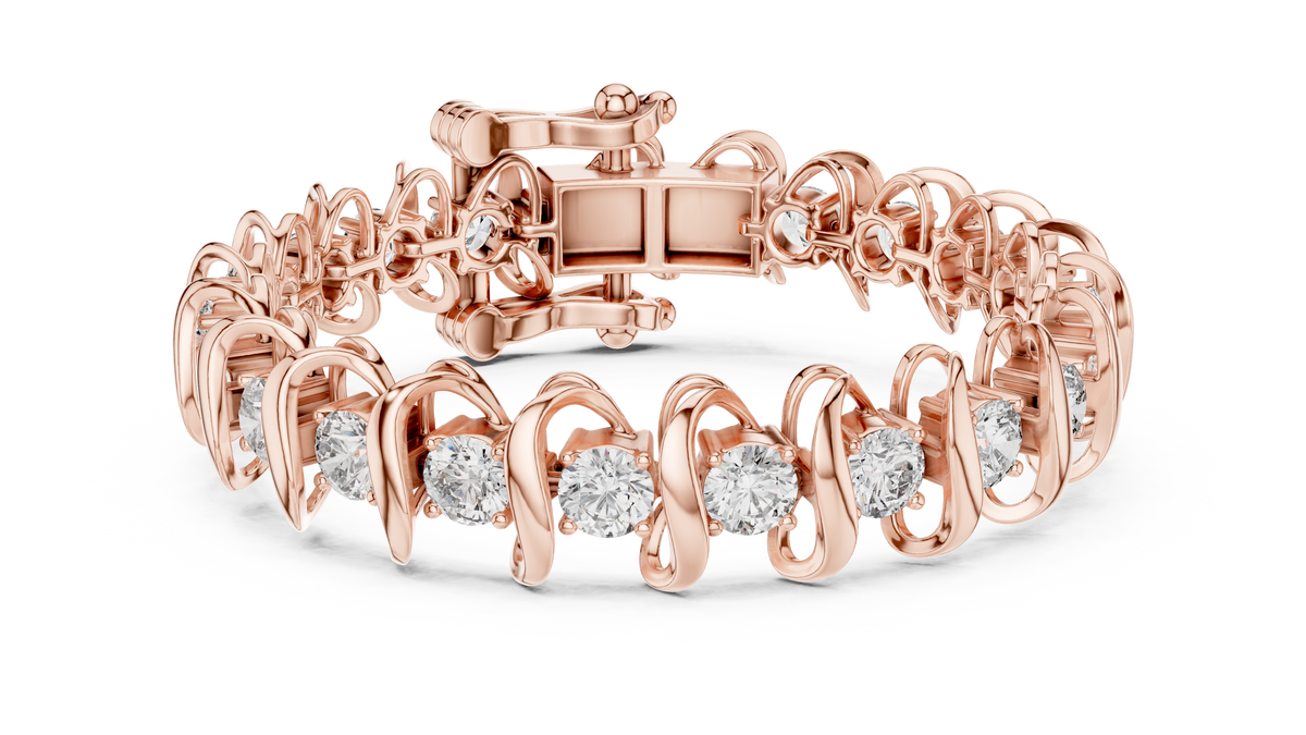 Round Moissanite Wave Link Bracelet in rose 925 sterling silver, view 1