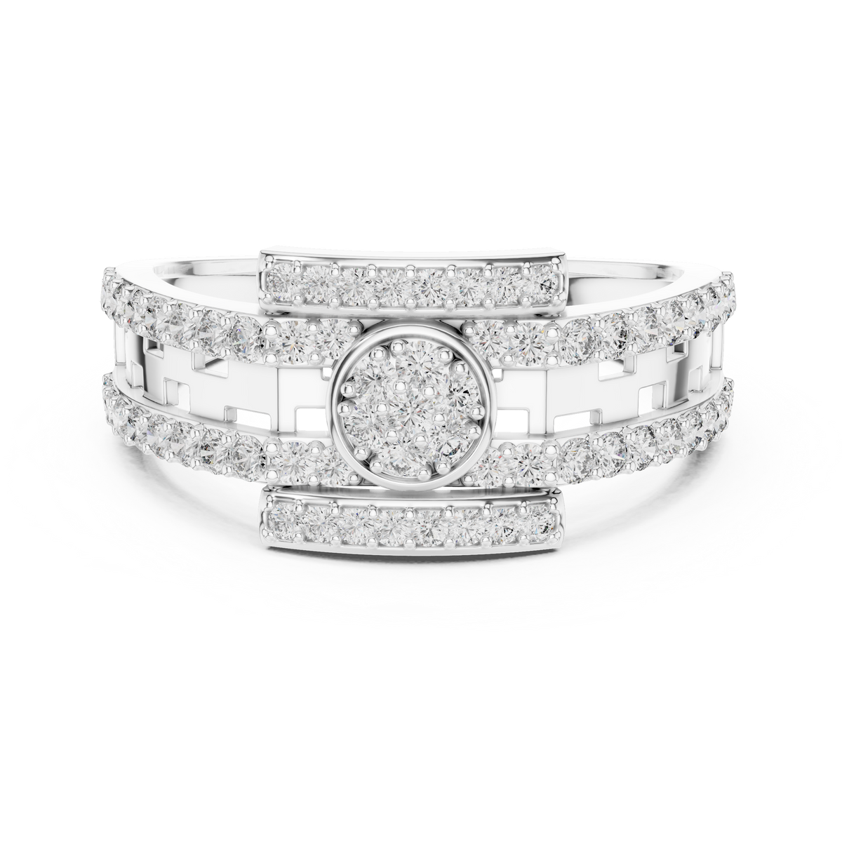 Round Cluster Multi-Row Moissanite Statement Band in white 925 sterling silver, view 4