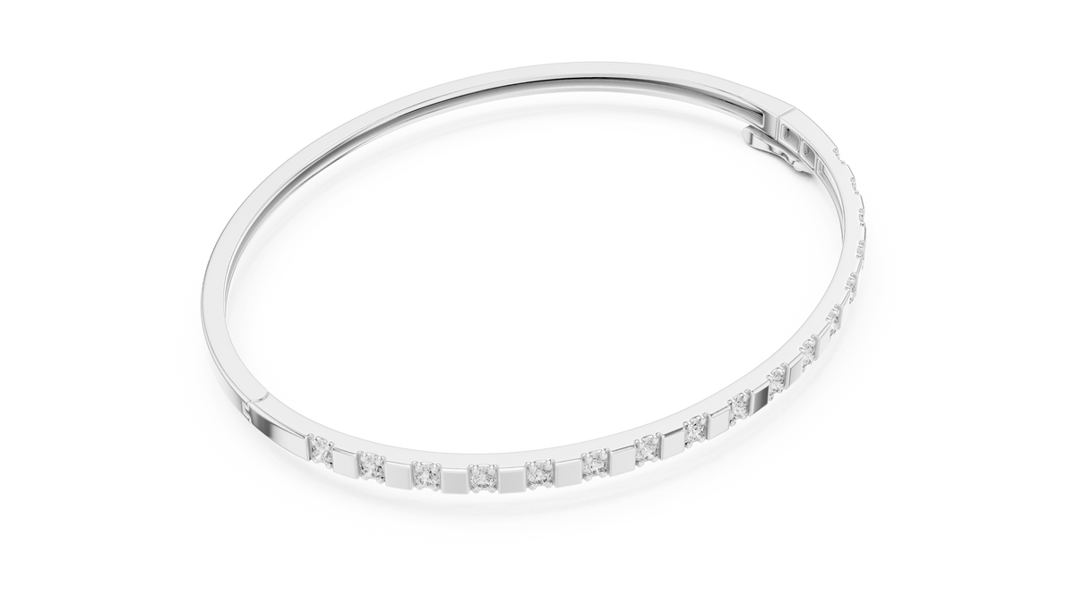 Round Moissanite Hinged Bangle in white 925 sterling silver, view 3