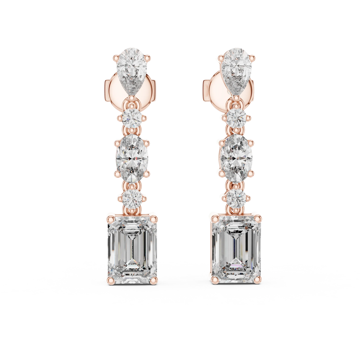 Emerald pear and oval moissanite drop earrings in rose 925 sterling silver, view 4