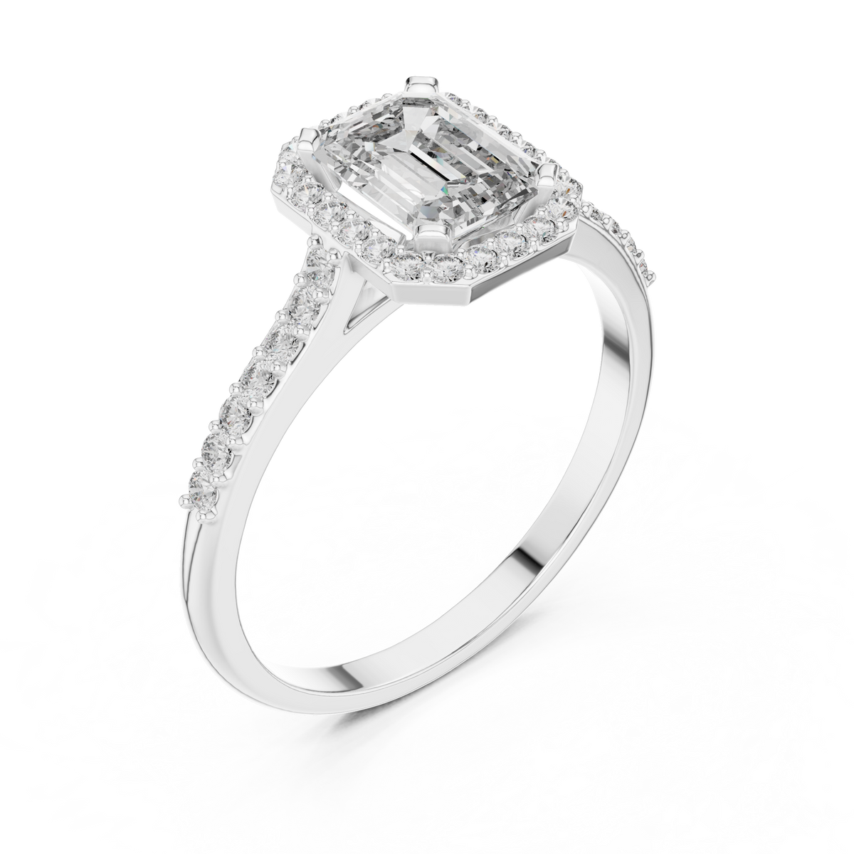 Emerald Cut Halo Moissanite Ring with Pavé Shoulders in white 925 sterling silver, view 2
