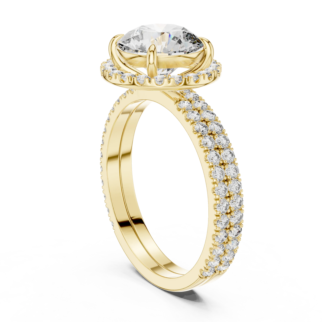 Round Halo Moissanite Engagement Ring with Pavé Band in yellow 925 sterling silver, view 1