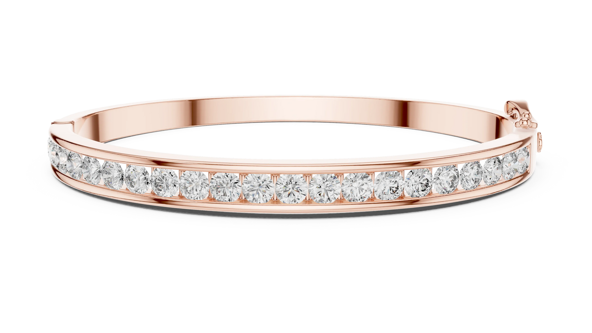 Channel Set Round Moissanite Hinged Bangle in rose 925 sterling silver, view 1