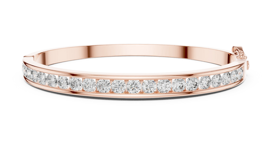 Channel Set Round Moissanite Hinged Bangle in rose 925 sterling silver, view 1