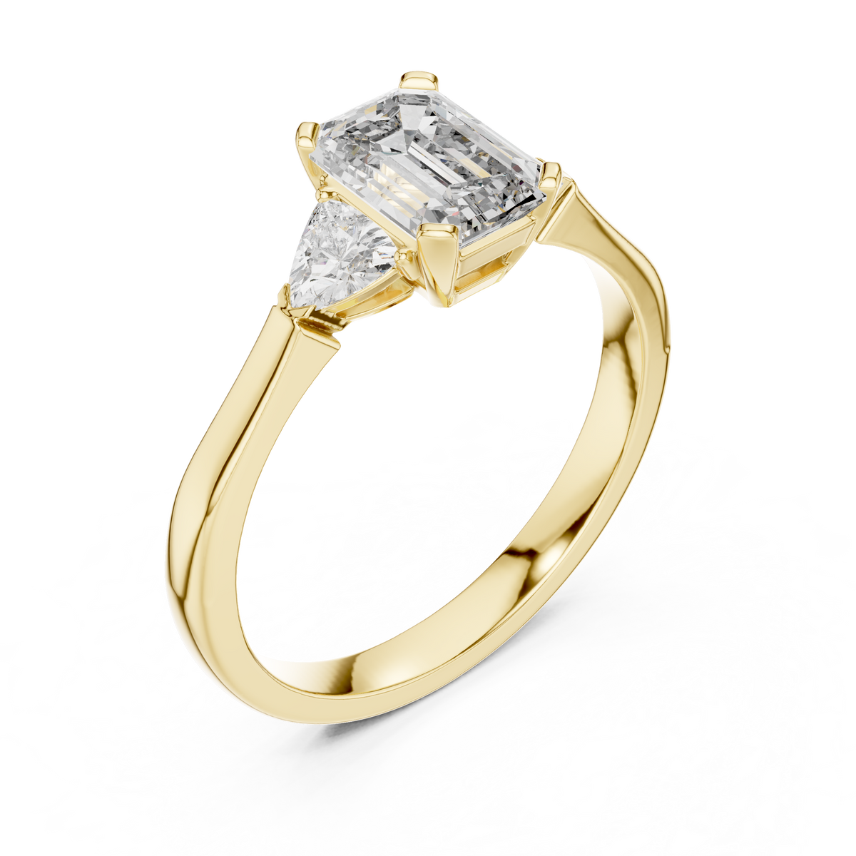 Emerald Cut and Trillion Three Stone Moissanite Engagement Ring in yellow 925 sterling silver, view 2