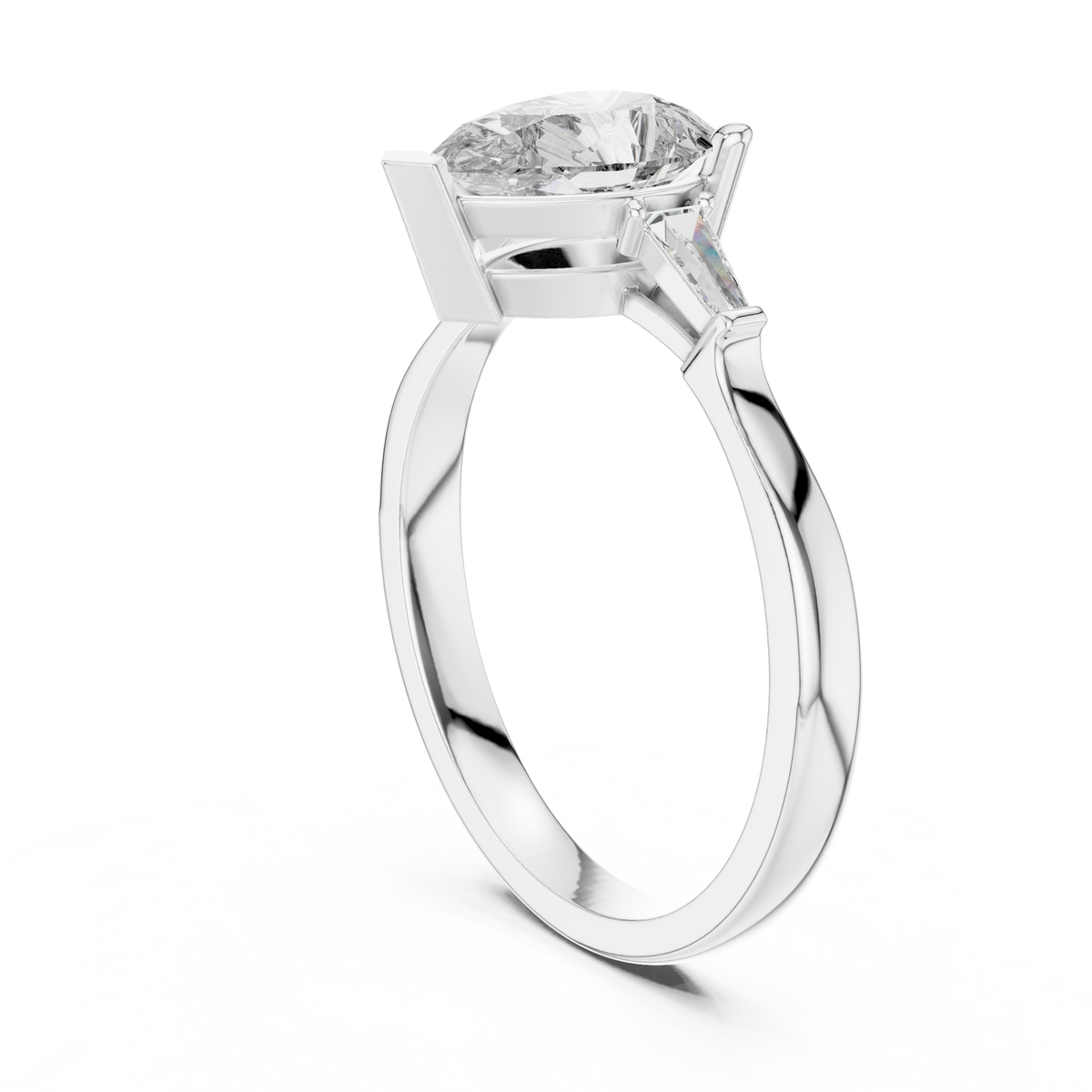 Pear Moissanite Ring with Tapered Baguette Sides in white 925 sterling silver, view 1