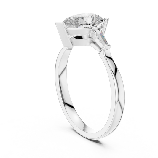 Pear Moissanite Ring with Tapered Baguette Sides in white 925 sterling silver, view 1