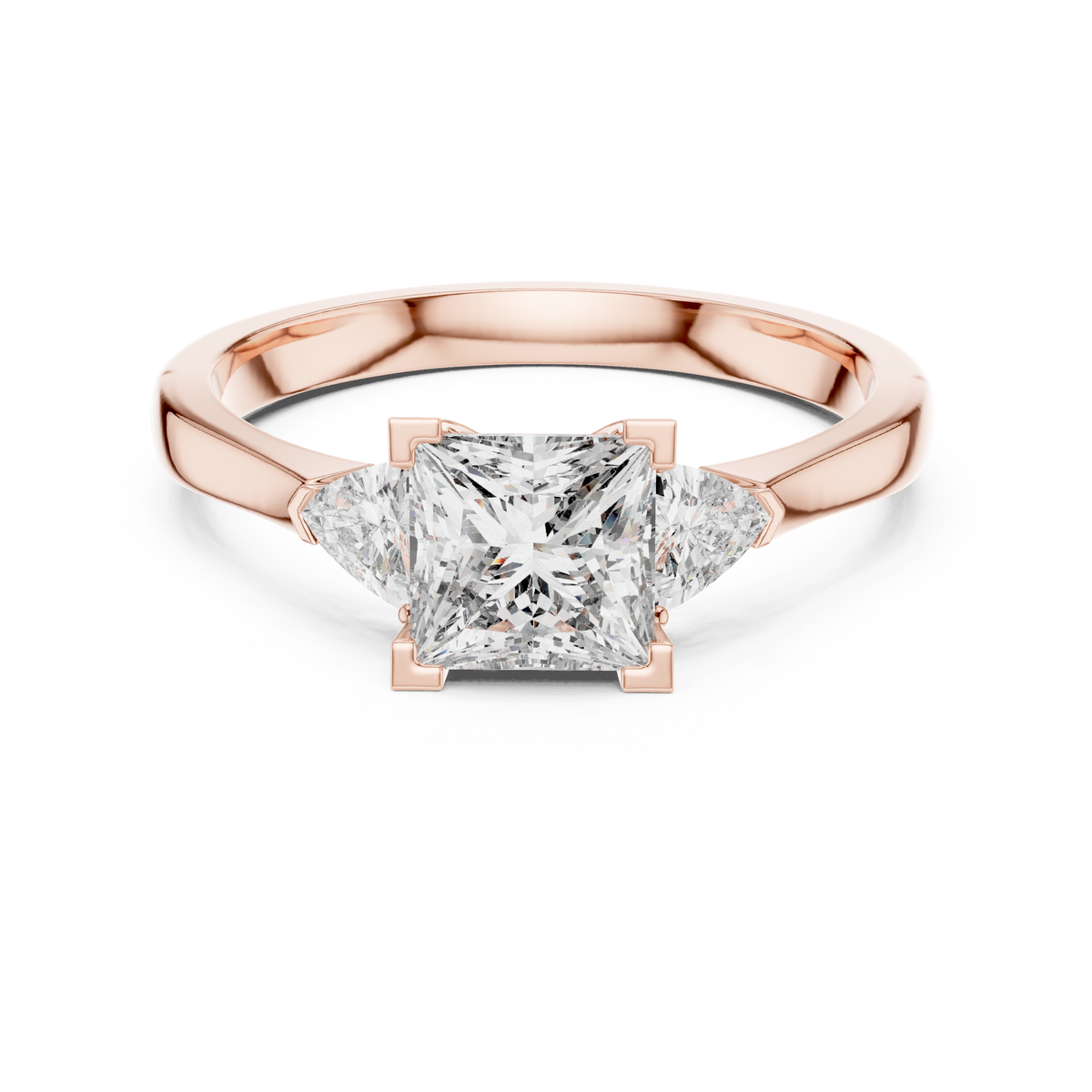 Princess Cut and Trillion Three Stone Moissanite Ring in rose 925 sterling silver, view 4