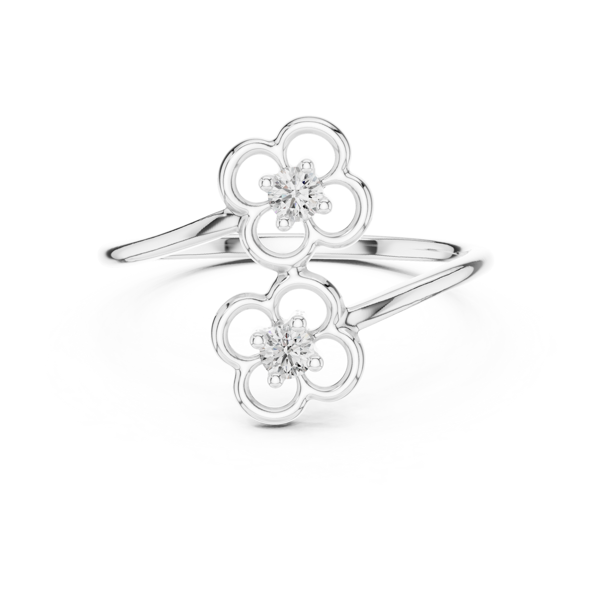 Double Flower Bypass Moissanite Ring in white 925 sterling silver, view 4