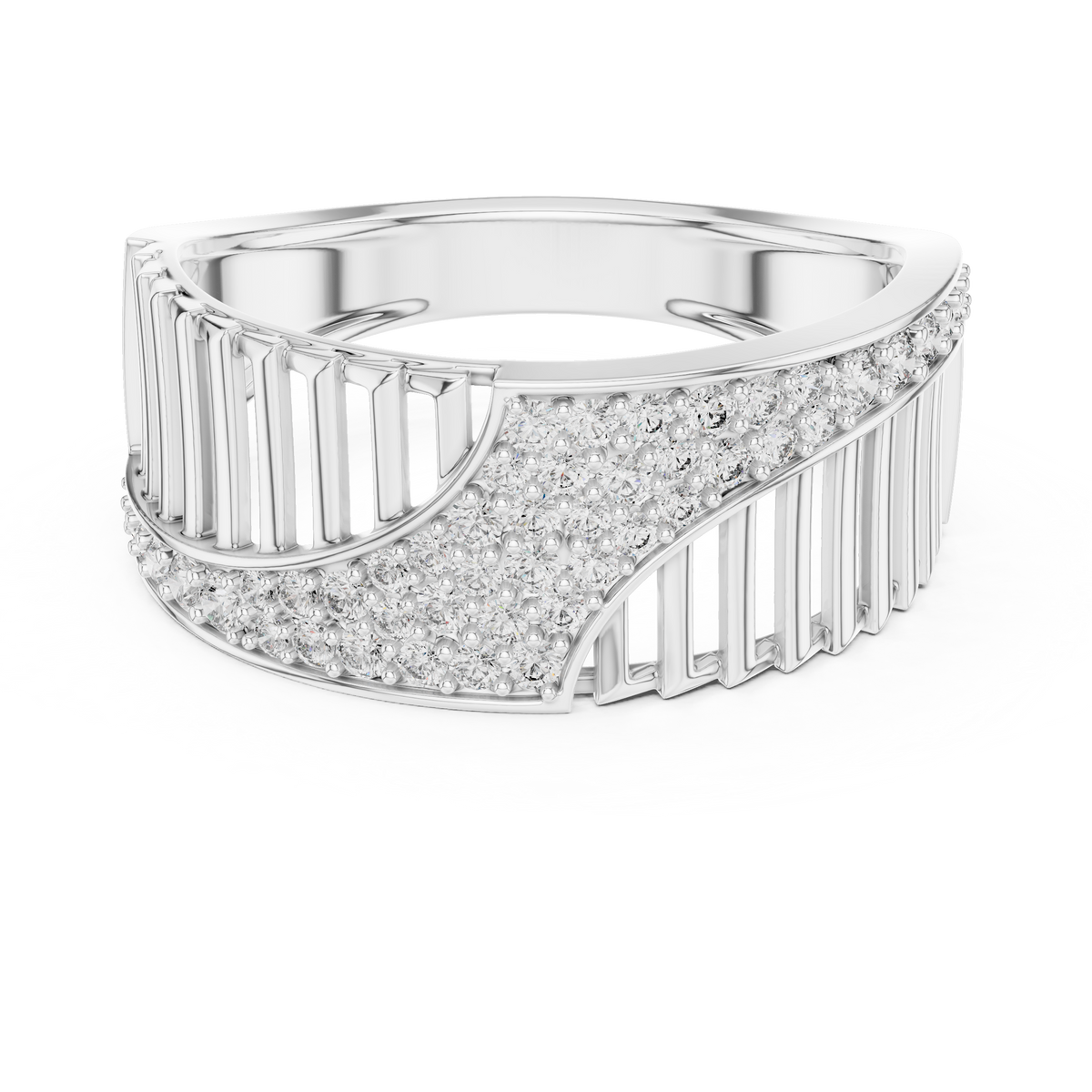 Men's Diagonal Wave Pavé and Ribbed Moissanite Band in white 925 sterling silver, view 4