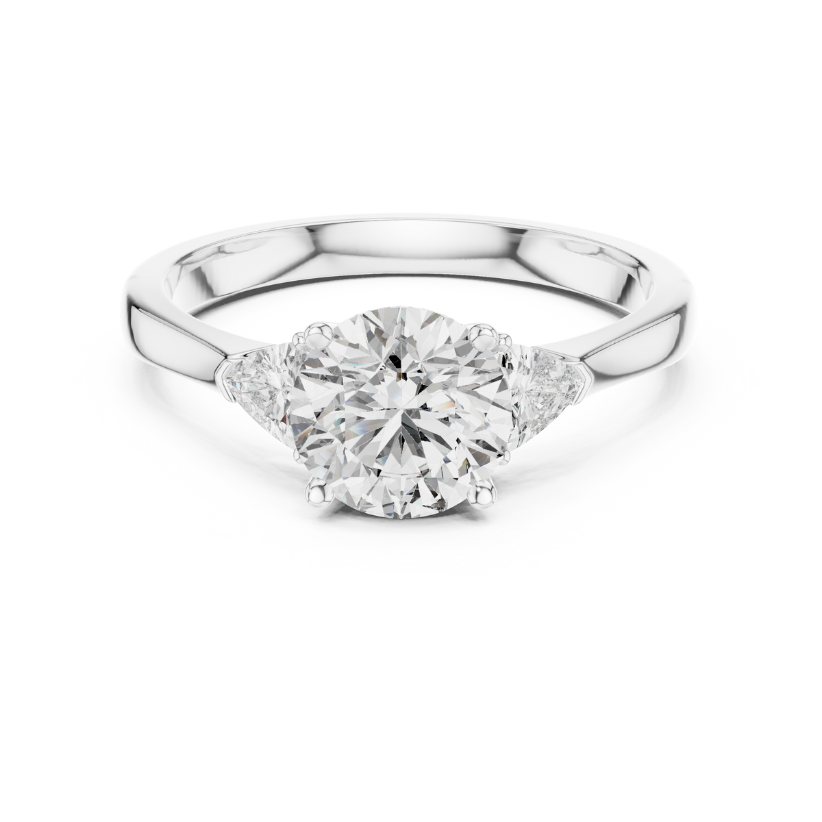 Round and Trillion Three Stone Moissanite Ring in white 925 sterling silver, view 4