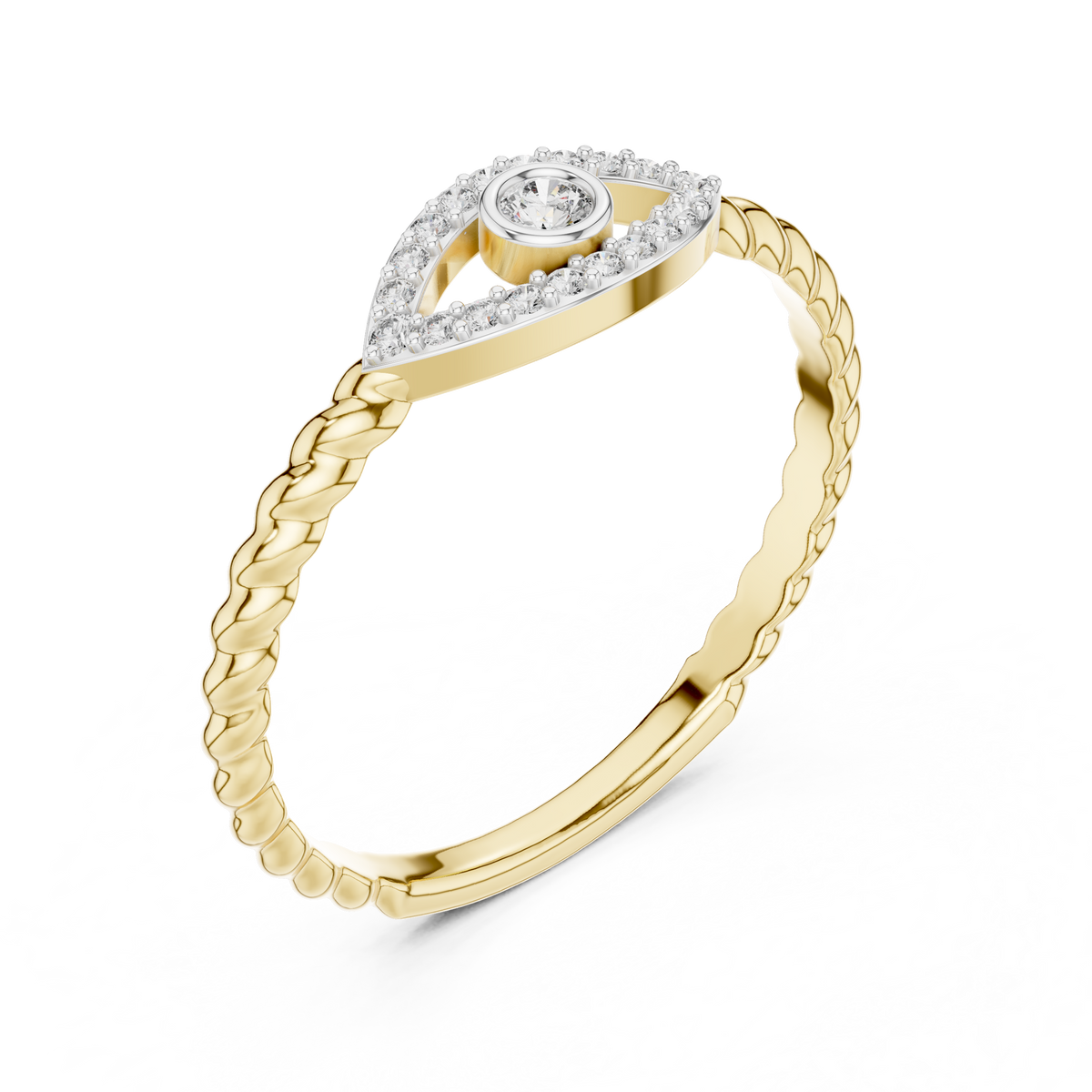 Evil Eye Moissanite Ring with Rope Shank in yellow 925 sterling silver, view 2