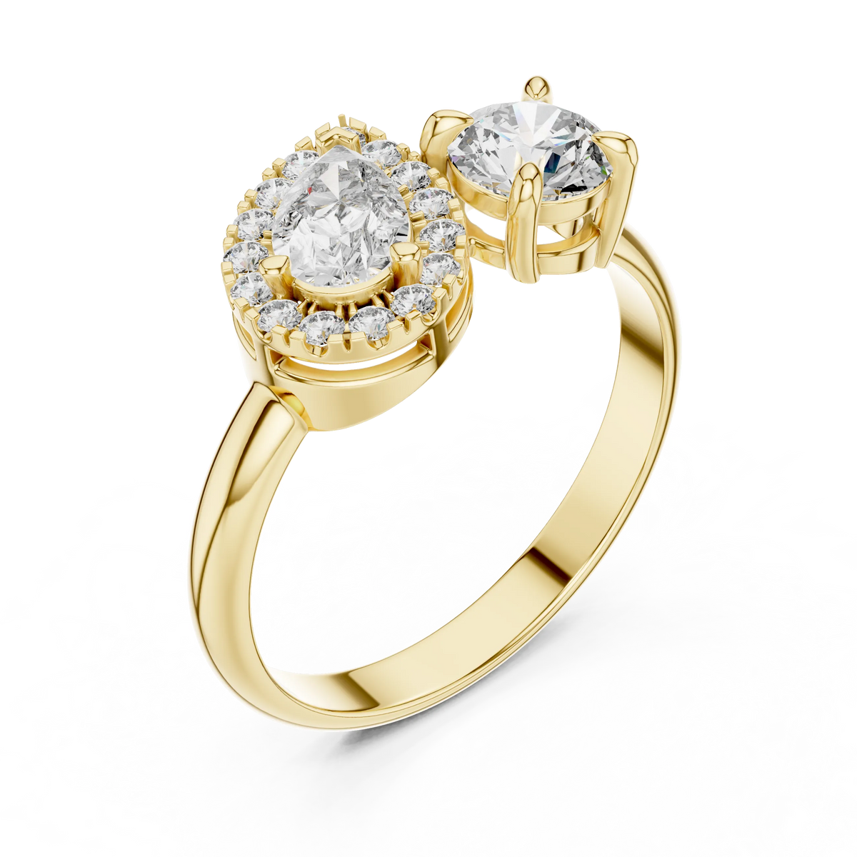 Pear Halo and Round Toi et Moi Moissanite Ring in yellow 925 sterling silver, view 2