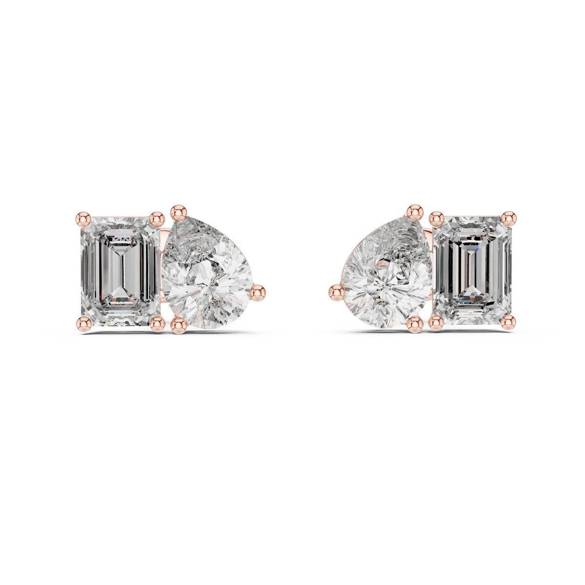 Pear and emerald moissanite toi et moi stud earrings in rose 925 sterling silver, view 4