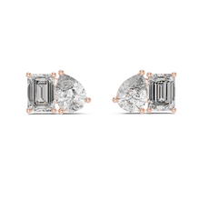 Pear and emerald moissanite toi et moi stud earrings in rose 925 sterling silver, view 4