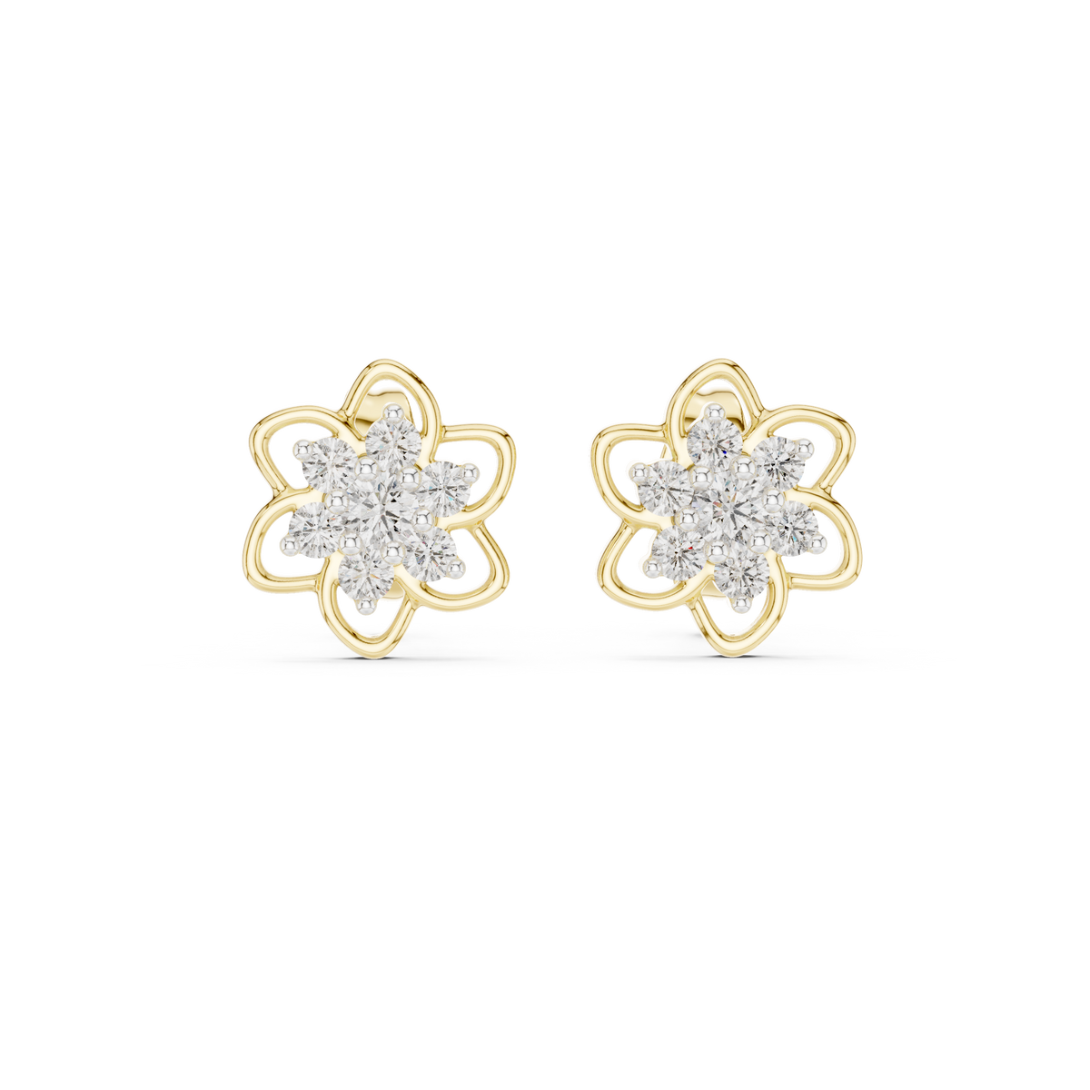 Moissanite Flower Cluster Stud Earrings in yellow 925 sterling silver, view 4