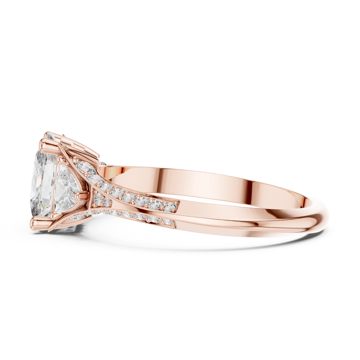 Elongated Cushion and Curved Trillion Moissanite Ring with Pavé Split Shoulders in rose 925 sterling silver, view 3