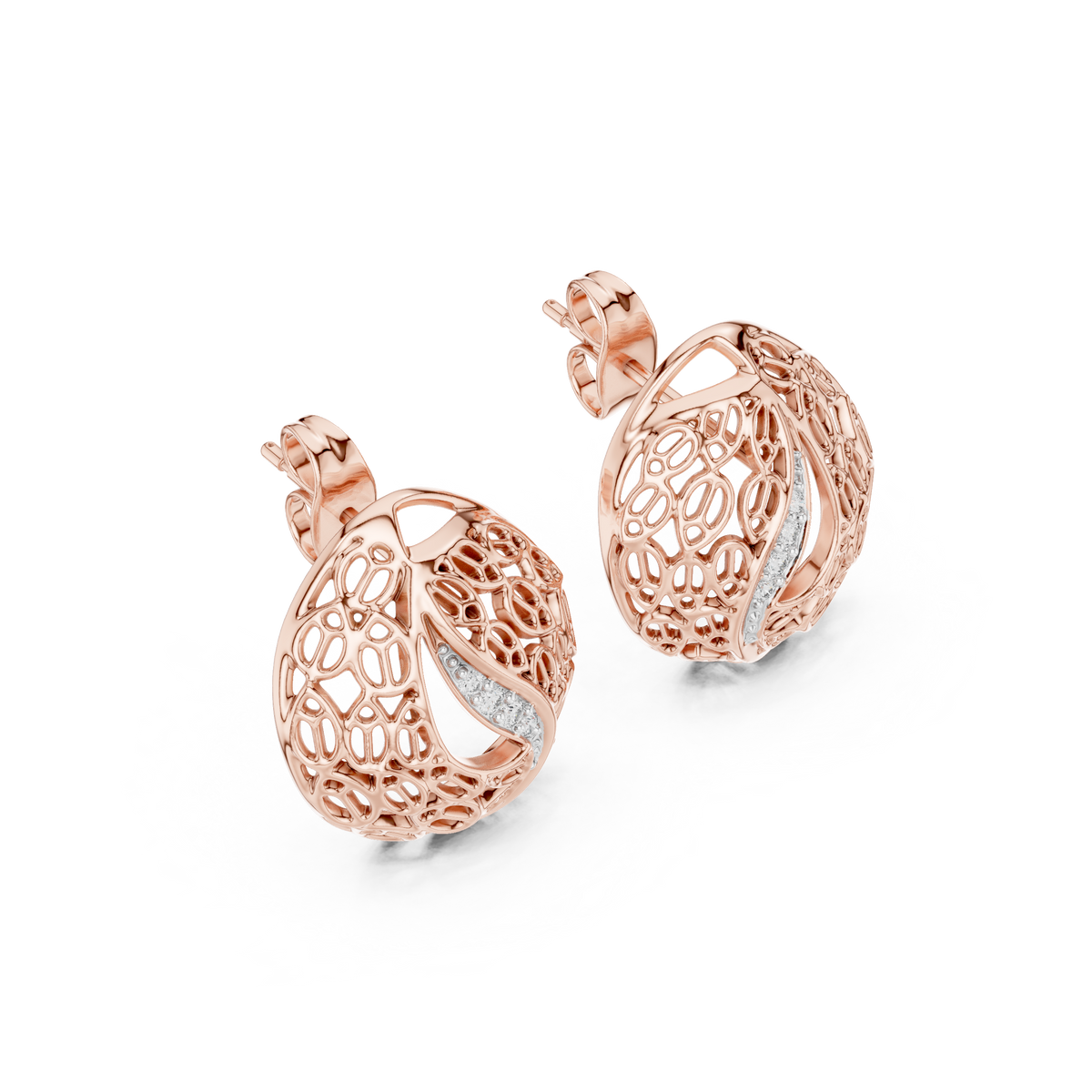 Moissanite Filigree Dome Stud Earrings in rose 925 sterling silver, view 2