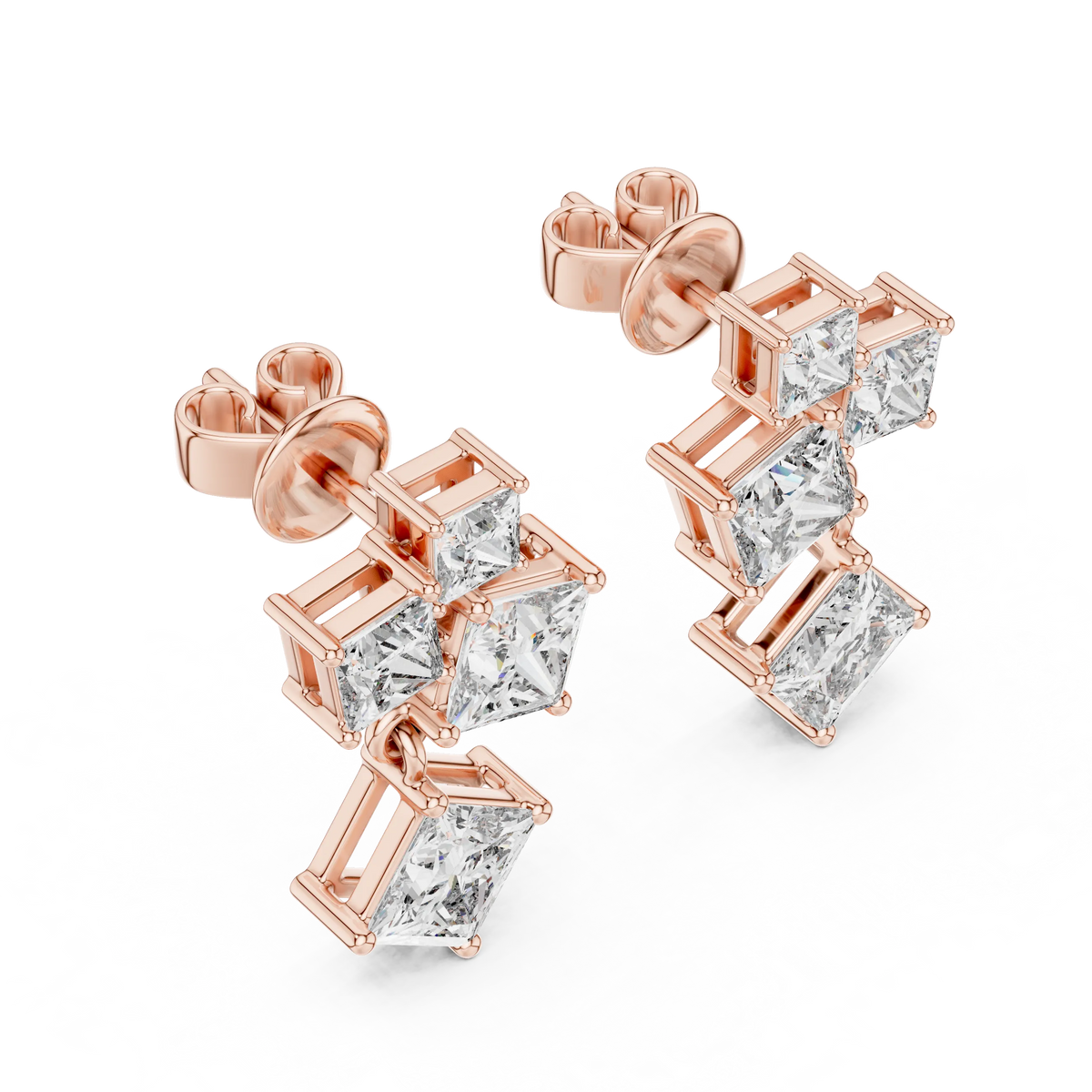 Princess cut moissanite cluster drop earrings in rose 925 sterling silver, view 2