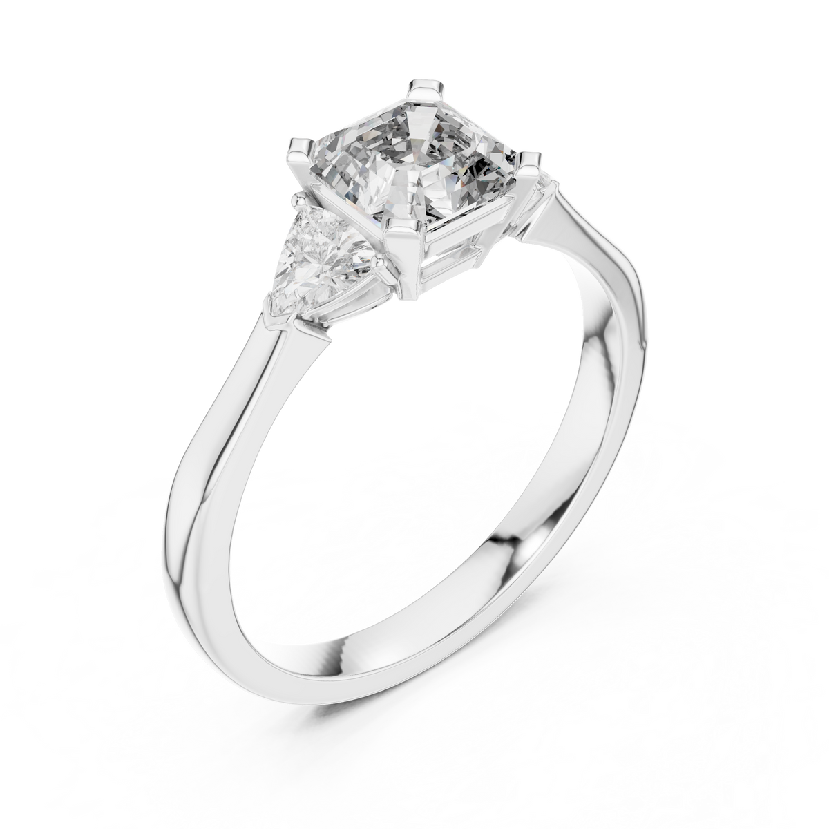 Asscher Cut and Trillion Three Stone Moissanite Ring in white 925 sterling silver, view 2