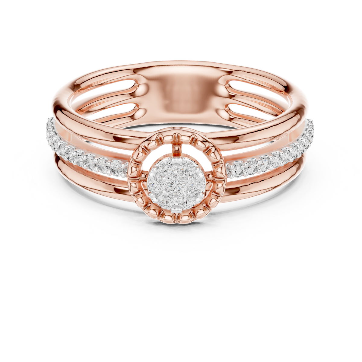 Triple Row Cluster Moissanite Ring in rose 925 sterling silver, view 4