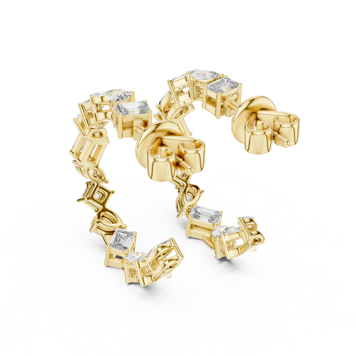 Mixed shape moissanite front hoop earrings in yellow 925 sterling silver, view 3