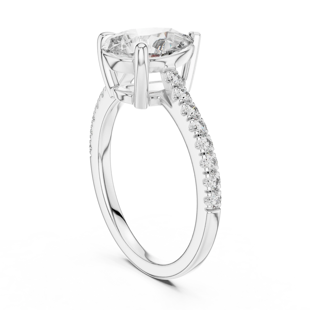 Pear Moissanite Engagement Ring with Pavé Band in white 925 sterling silver, view 1