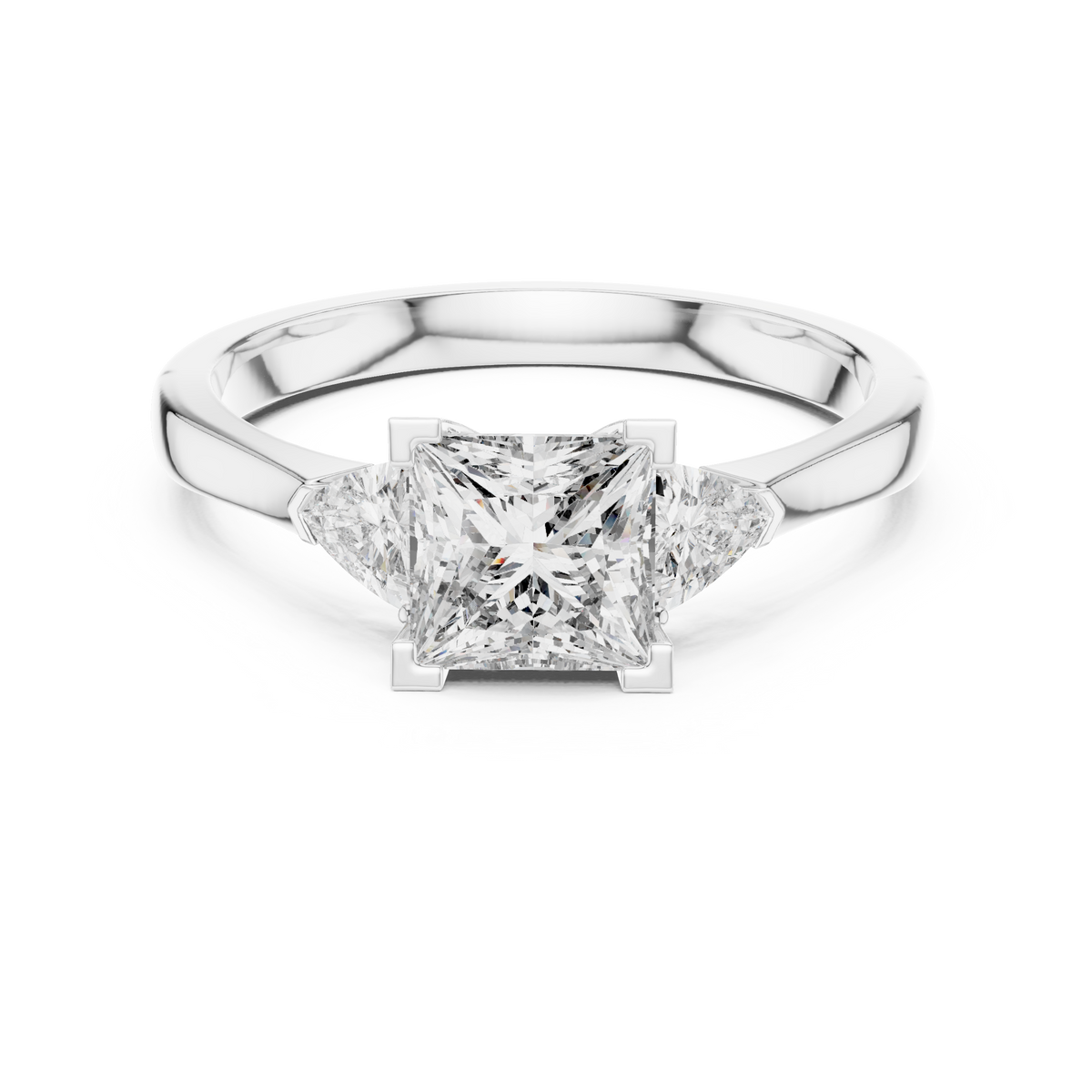 Princess Cut and Trillion Three Stone Moissanite Ring in white 925 sterling silver, view 4